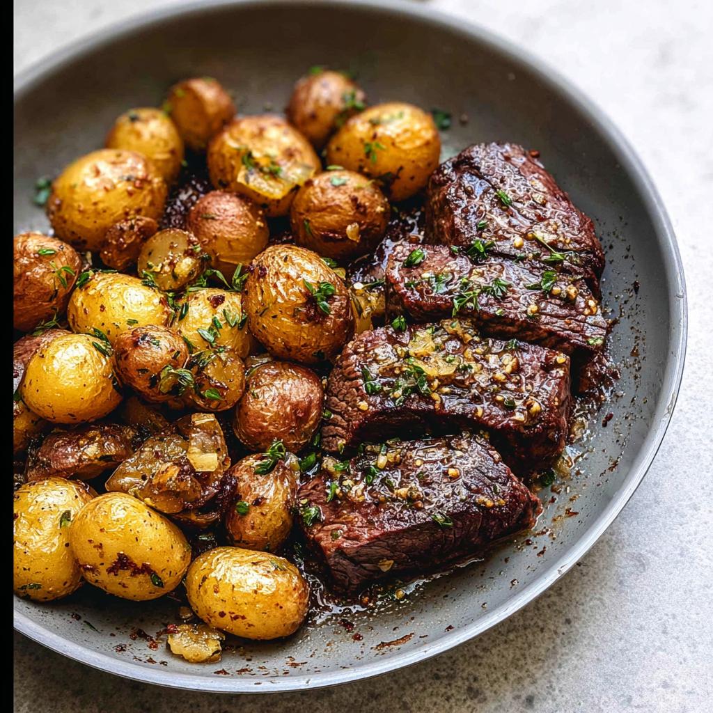 Close-up of a Garlic Butter Steak and Potatoes Skillet, featuring tender steak slices and golden roasted potatoes.
