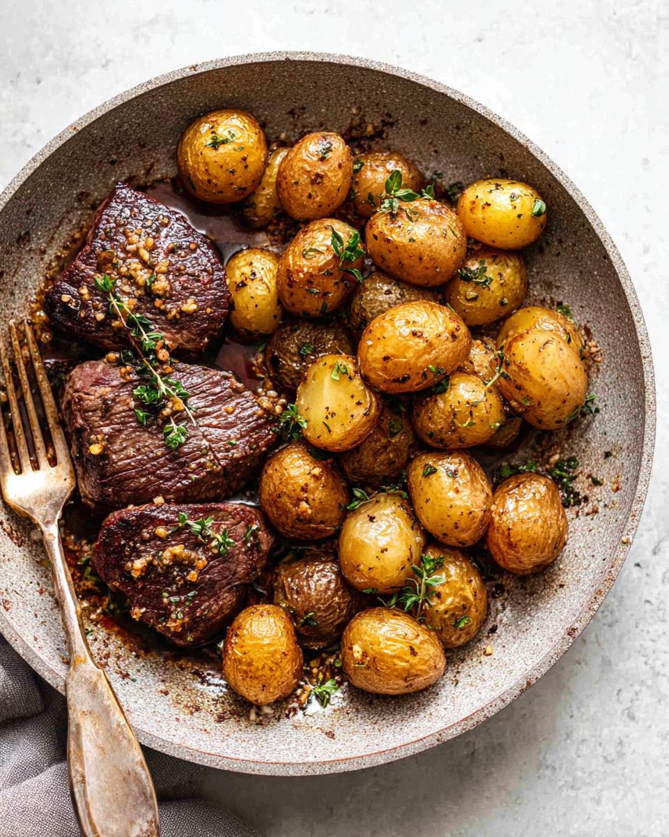 A close-up overhead view of a skillet filled with Garlic Butter Steak and Potatoes, garnished with fresh thyme.
