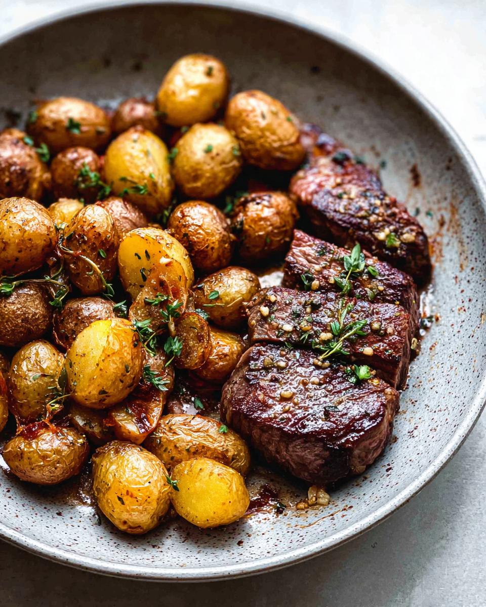 Close-up of a Garlic Butter Steak and Potatoes Skillet, featuring tender steak slices and golden roasted baby potatoes.