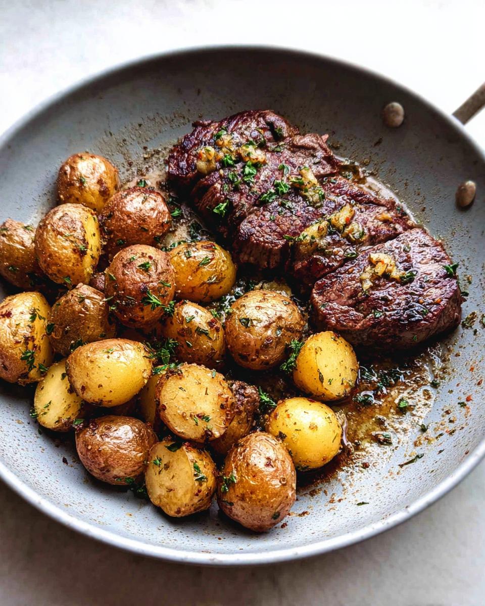 A close-up of a Garlic Butter Steak and Potatoes Skillet, featuring tender steak and golden baby potatoes.