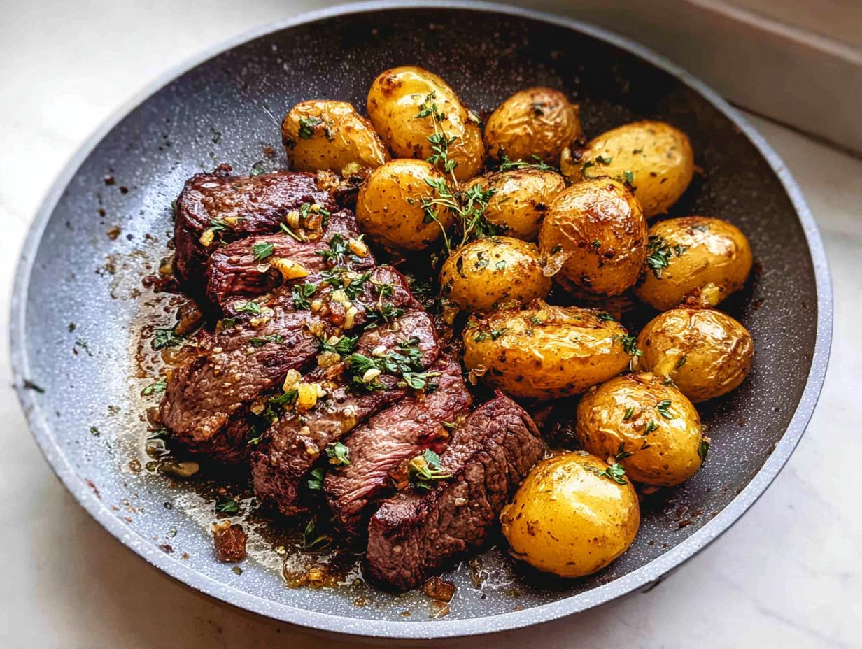 A close-up of a Garlic Butter Steak and Potatoes Skillet with tender steak slices and golden roasted potatoes.