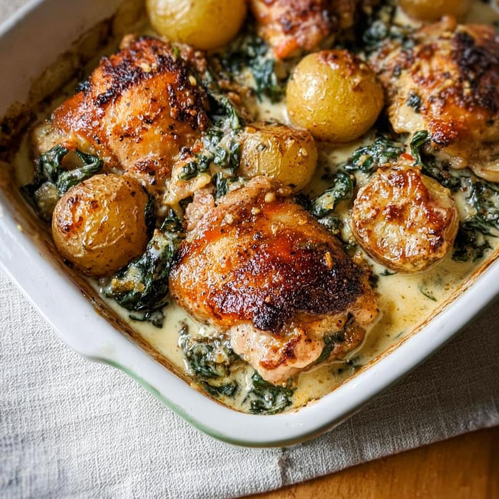 A close-up of Garlic Parmesan Chicken Thighs and Potatoes baked in a creamy sauce with spinach.