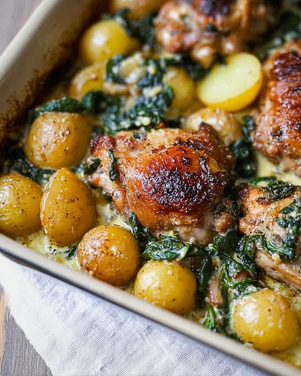 Close-up of baked Garlic Parmesan Chicken Thighs and Potatoes in a casserole dish, with creamy sauce and spinach.