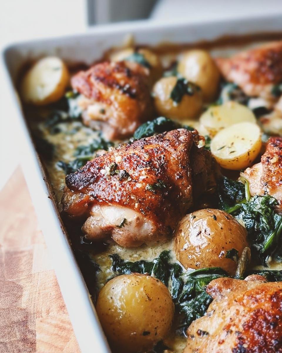 Close-up of baked Garlic Parmesan Chicken Thighs and Potatoes in a white baking dish, with wilted spinach and creamy sauce.