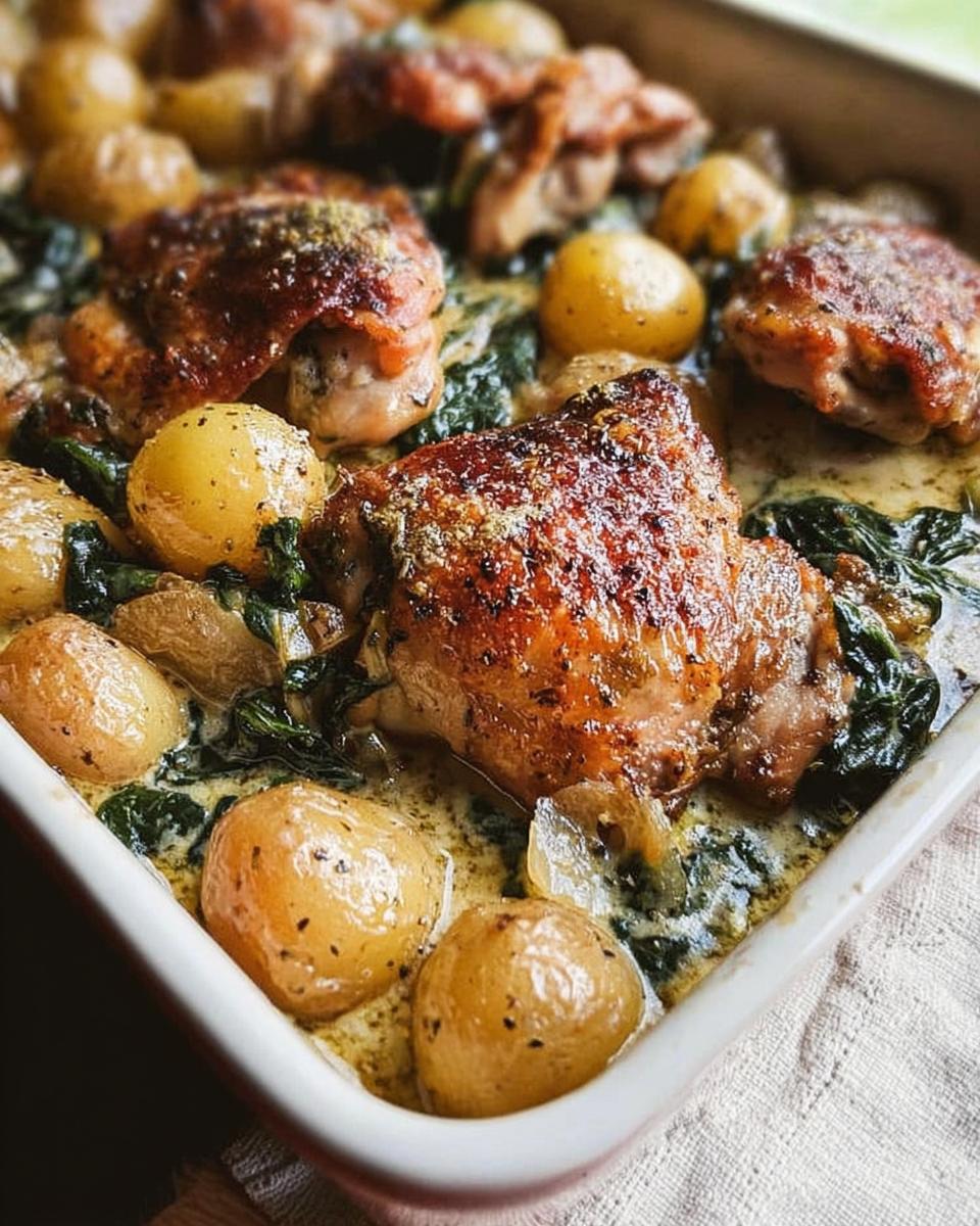Close-up of baked Garlic Parmesan Chicken Thighs and Potatoes in a creamy sauce with spinach.