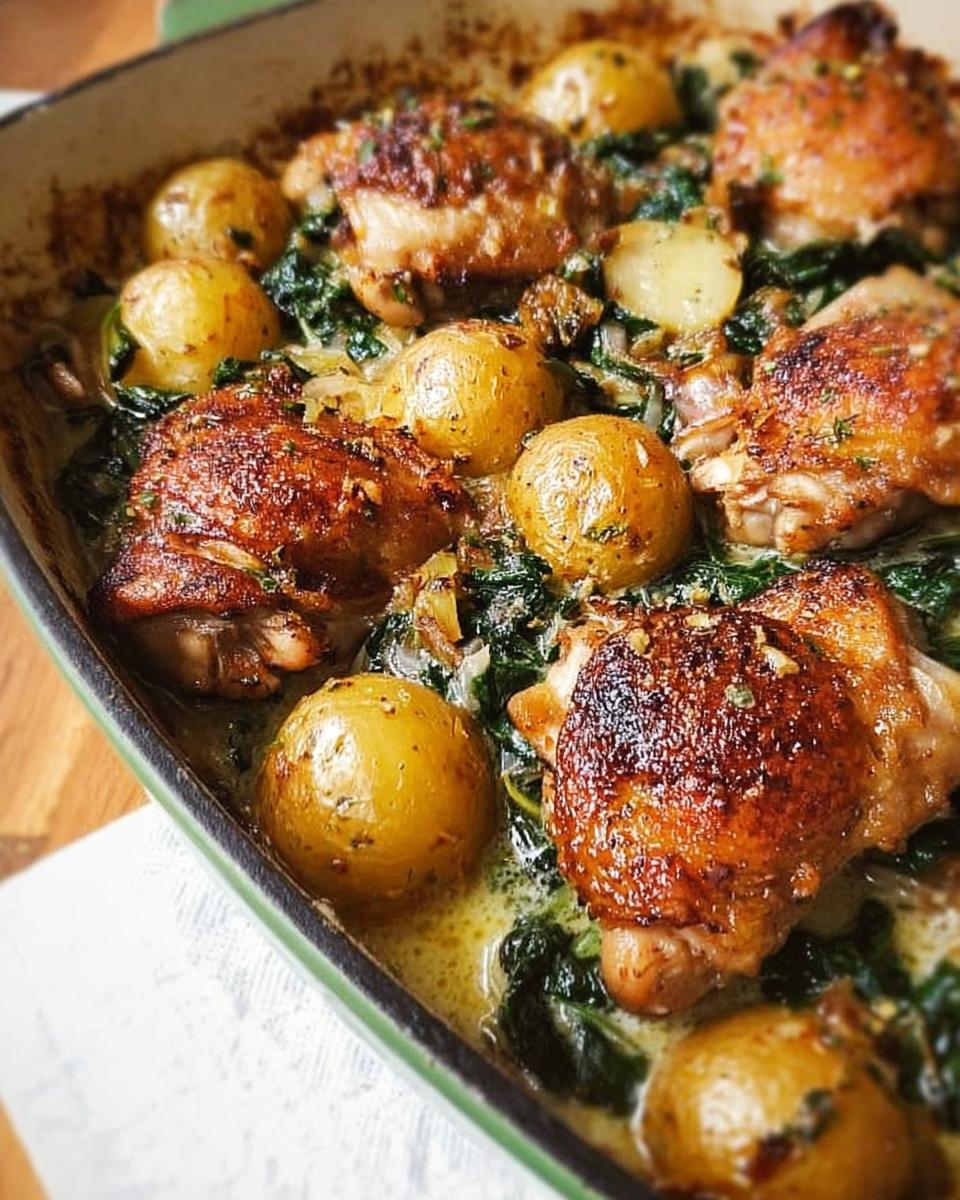 A close-up of a baking dish filled with golden brown Garlic Parmesan Chicken Thighs and Potatoes, nestled in wilted spinach and a creamy sauce.