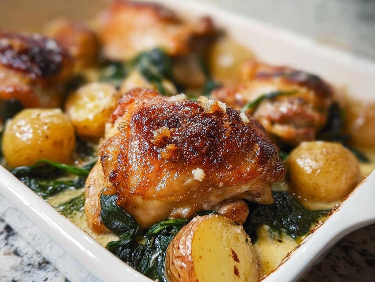 Close-up of Garlic Parmesan Chicken Thighs and Potatoes baked in a white dish with spinach and creamy sauce.