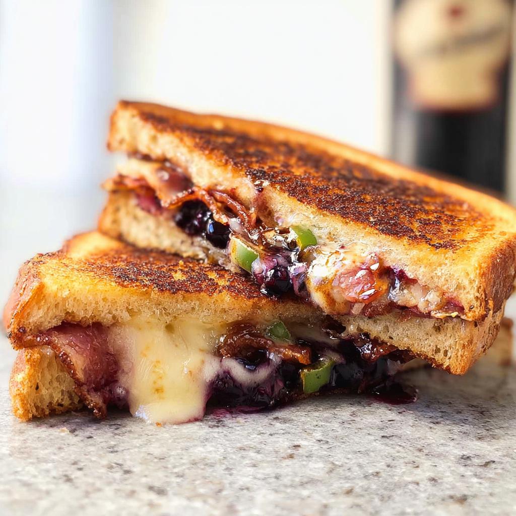 A gourmet blueberry grilled cheese sandwich, cut in half, showing melted cheese, blueberries, and bacon.