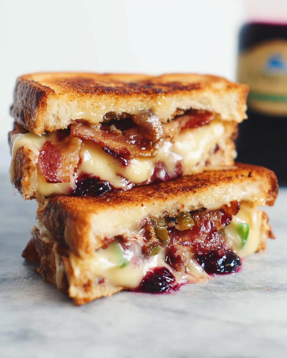 A stack of two halves of a gourmet blueberry grilled cheese sandwich, showing melted cheese, bacon, and blueberries.