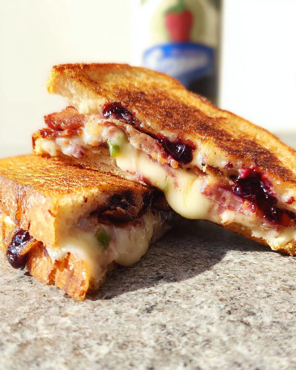 A close-up of a gourmet blueberry grilled cheese sandwich, cut in half, showing melted cheese, blueberries, and bacon.