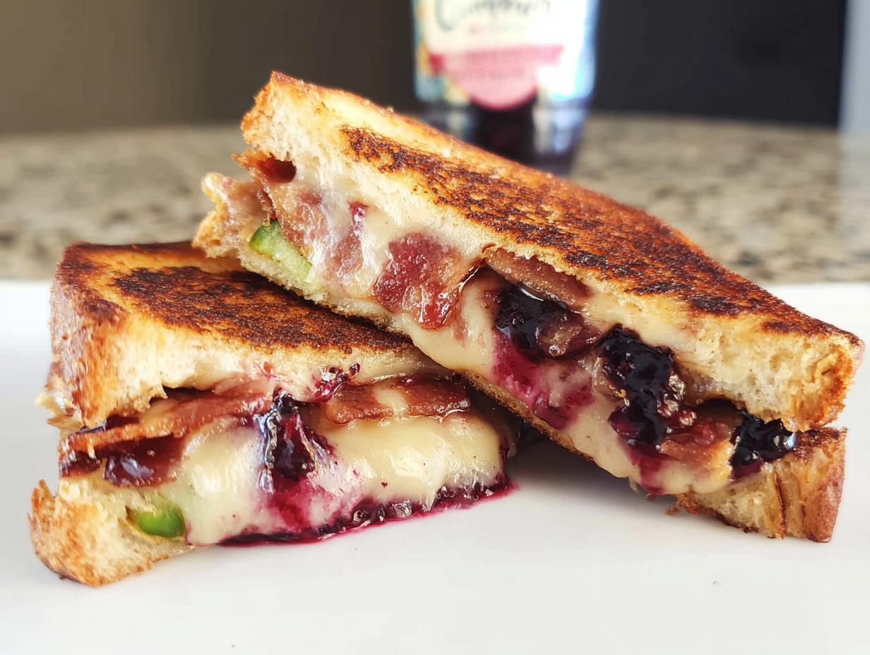 A gourmet blueberry grilled cheese sandwich cut in half, showing melted cheese, blueberries, and bacon.
