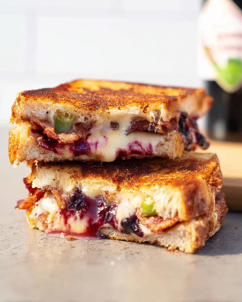 Close-up of a stack of Gourmet Blueberry Grilled Cheese sandwiches, showing melted cheese, bacon, and blueberries.