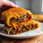 A hand holds a Grilled Cheese Burrito Made Easy, cut in half to reveal a cheesy beef filling.