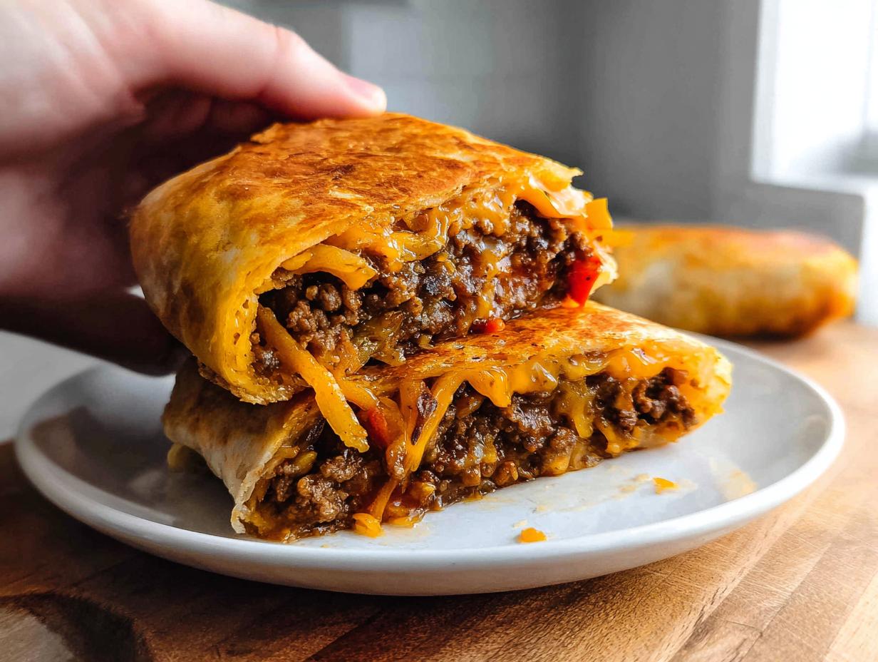 A hand holds a Grilled Cheese Burrito Made Easy, cut in half to reveal a cheesy beef filling.
