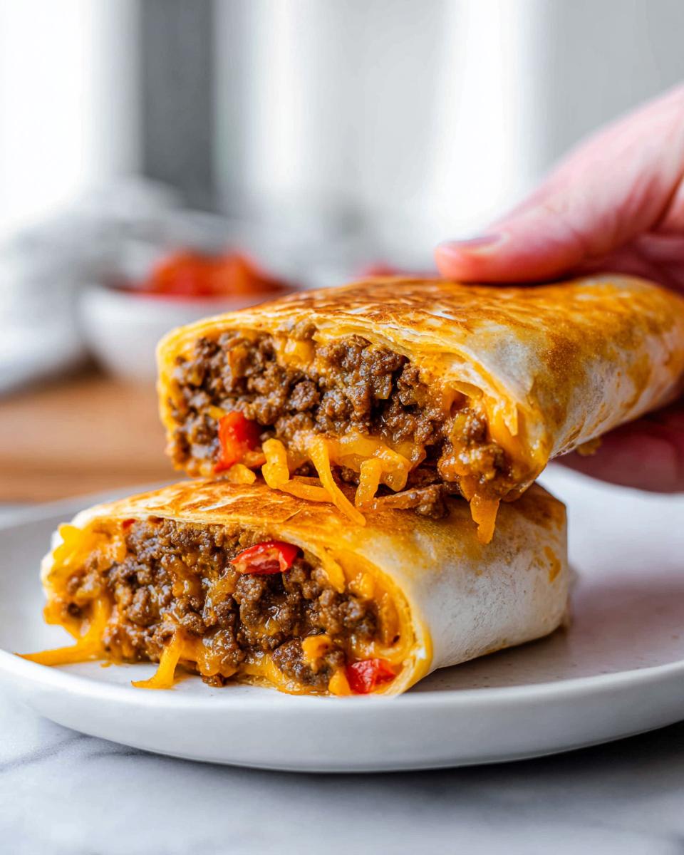 A hand holding a grilled cheese burrito cut in half, revealing seasoned ground beef and melted cheese inside.