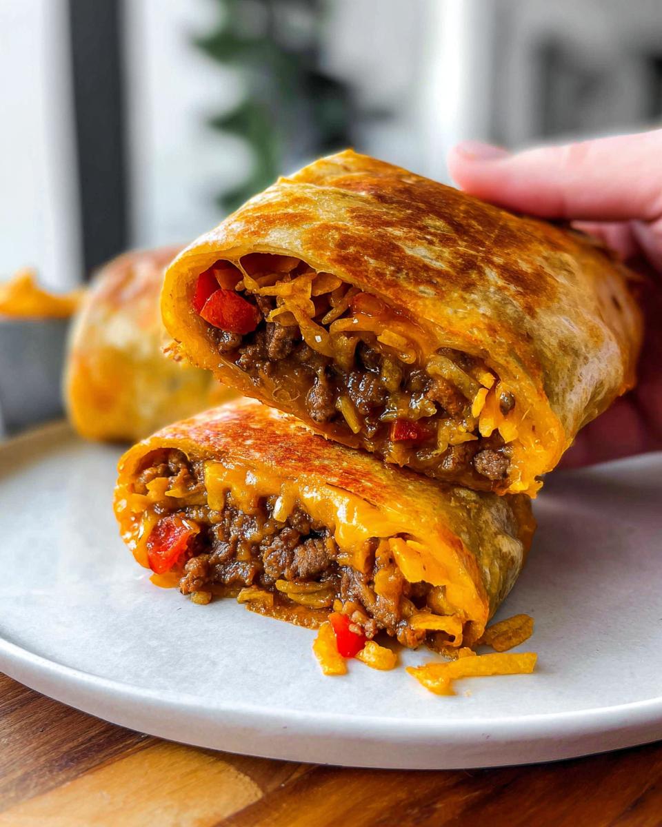 A close-up of a grilled cheese burrito, cut in half, revealing seasoned ground beef, cheese, and red peppers inside.