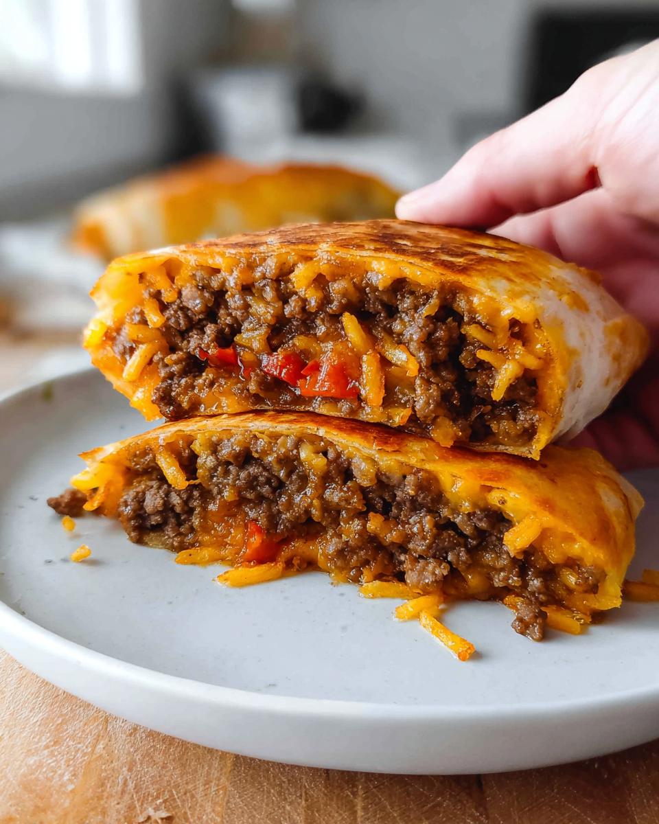 Close-up of a Grilled Cheese Burrito cut in half, showing seasoned ground beef, rice, and melted cheese.