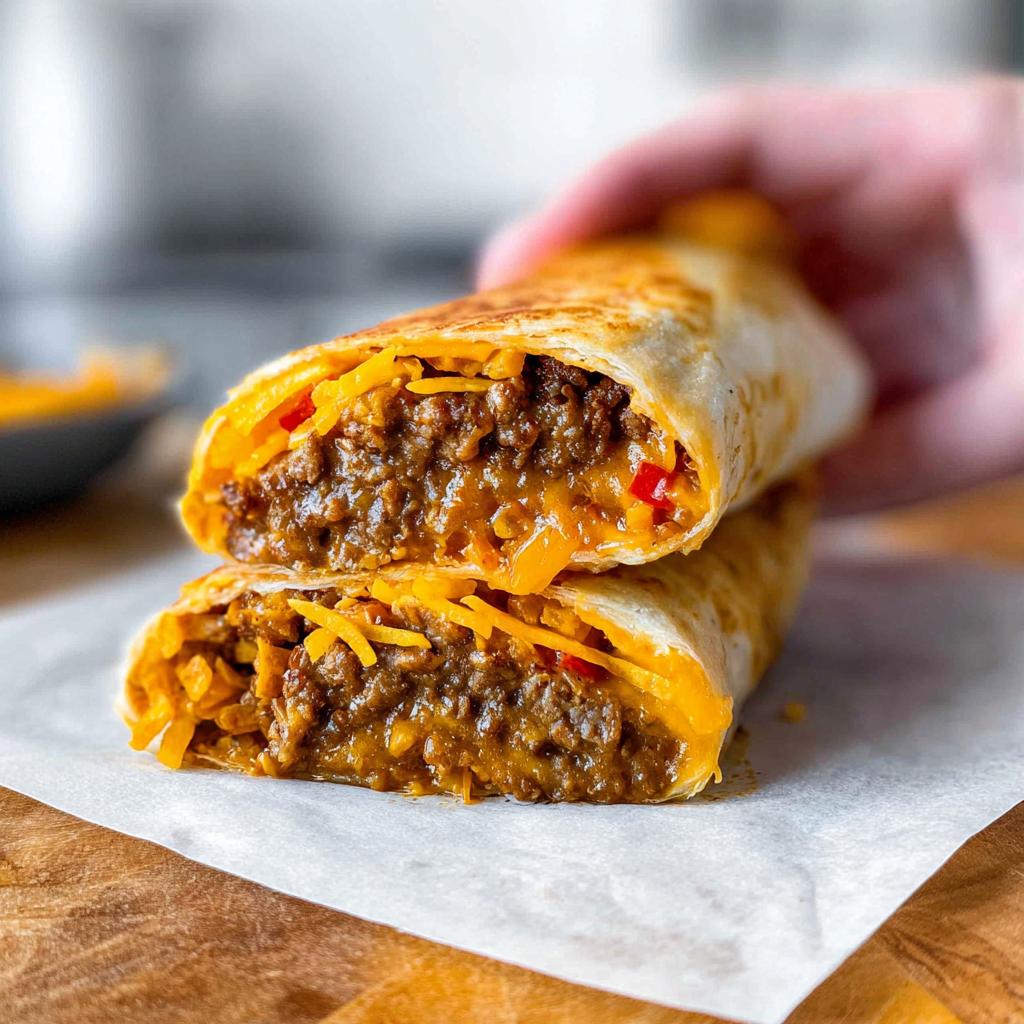 Close-up of a Grilled Cheese Burrito Made Easy, cut in half, revealing a cheesy beef and pepper filling.