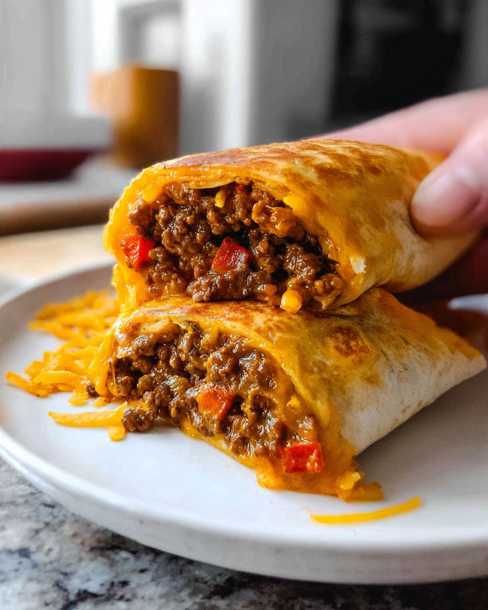 A close-up of a Grilled Cheese Burrito Made Easy, cut in half, revealing a savory ground beef and cheese filling with red peppers.