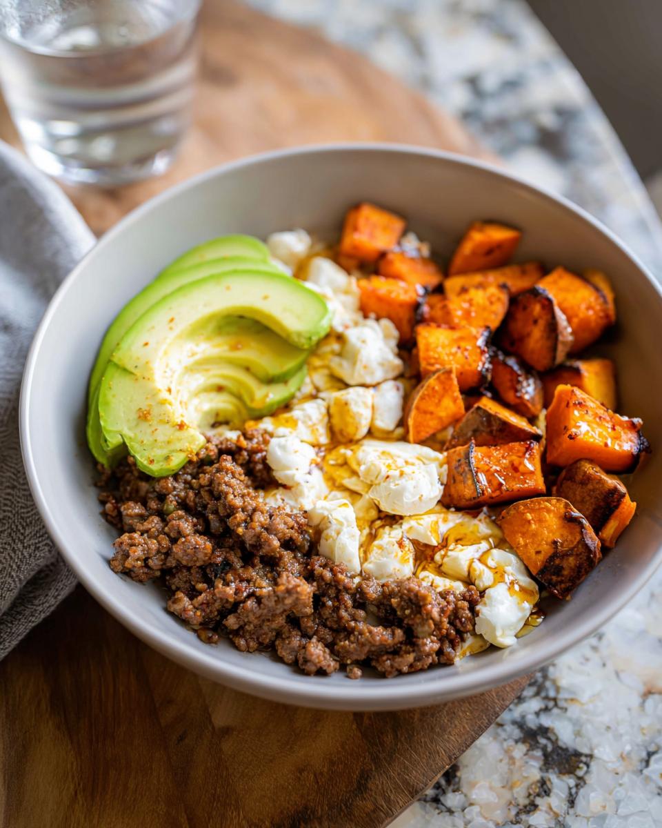 A delicious Ground Beef Hot Honey Bowl featuring seasoned ground beef, roasted sweet potatoes, crumbled cheese, and sliced avocado.