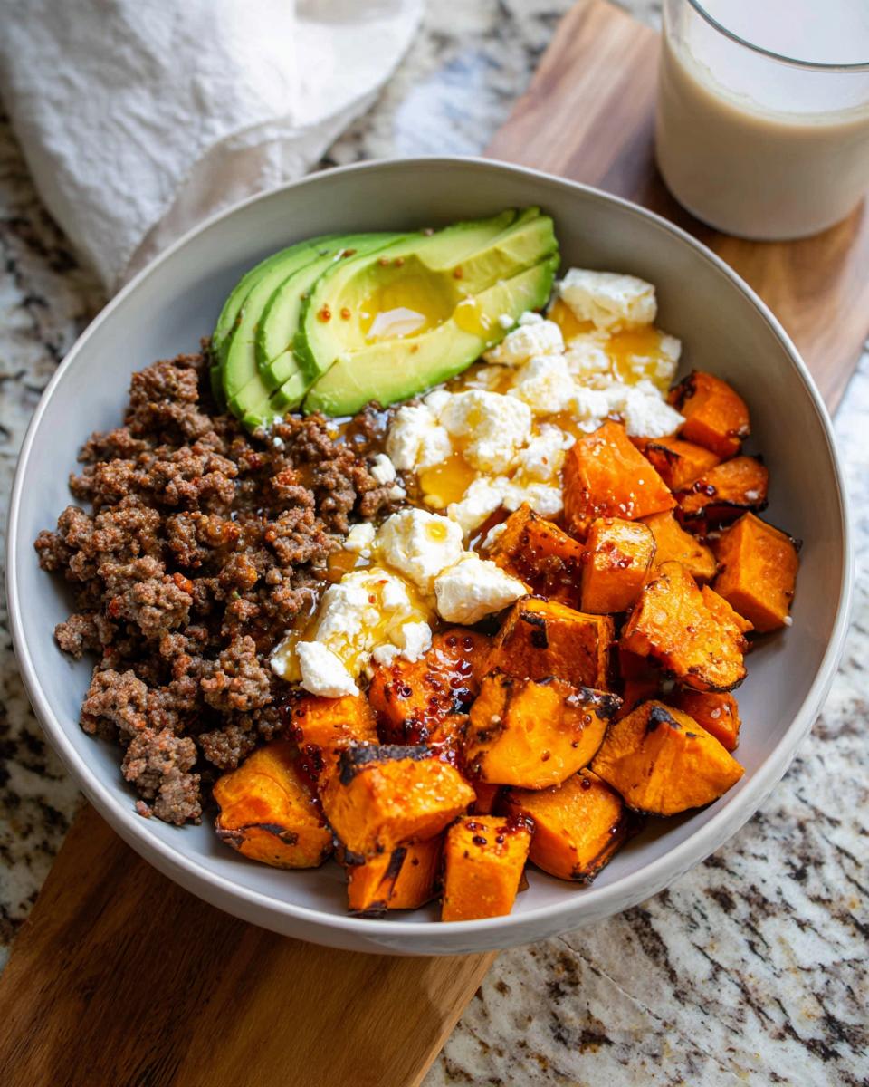 A delicious Ground Beef Hot Honey Bowl featuring crumbled ground beef, roasted sweet potato cubes, sliced avocado, and crumbled feta cheese, drizzled with honey.