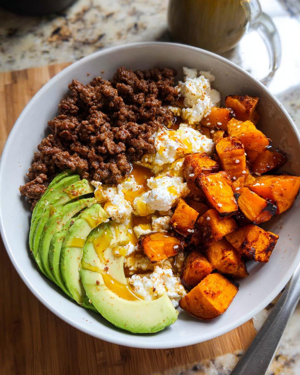 A delicious Ground Beef Hot Honey Bowl featuring seasoned ground beef, sliced avocado, roasted sweet potato cubes, and crumbled cheese drizzled with honey.