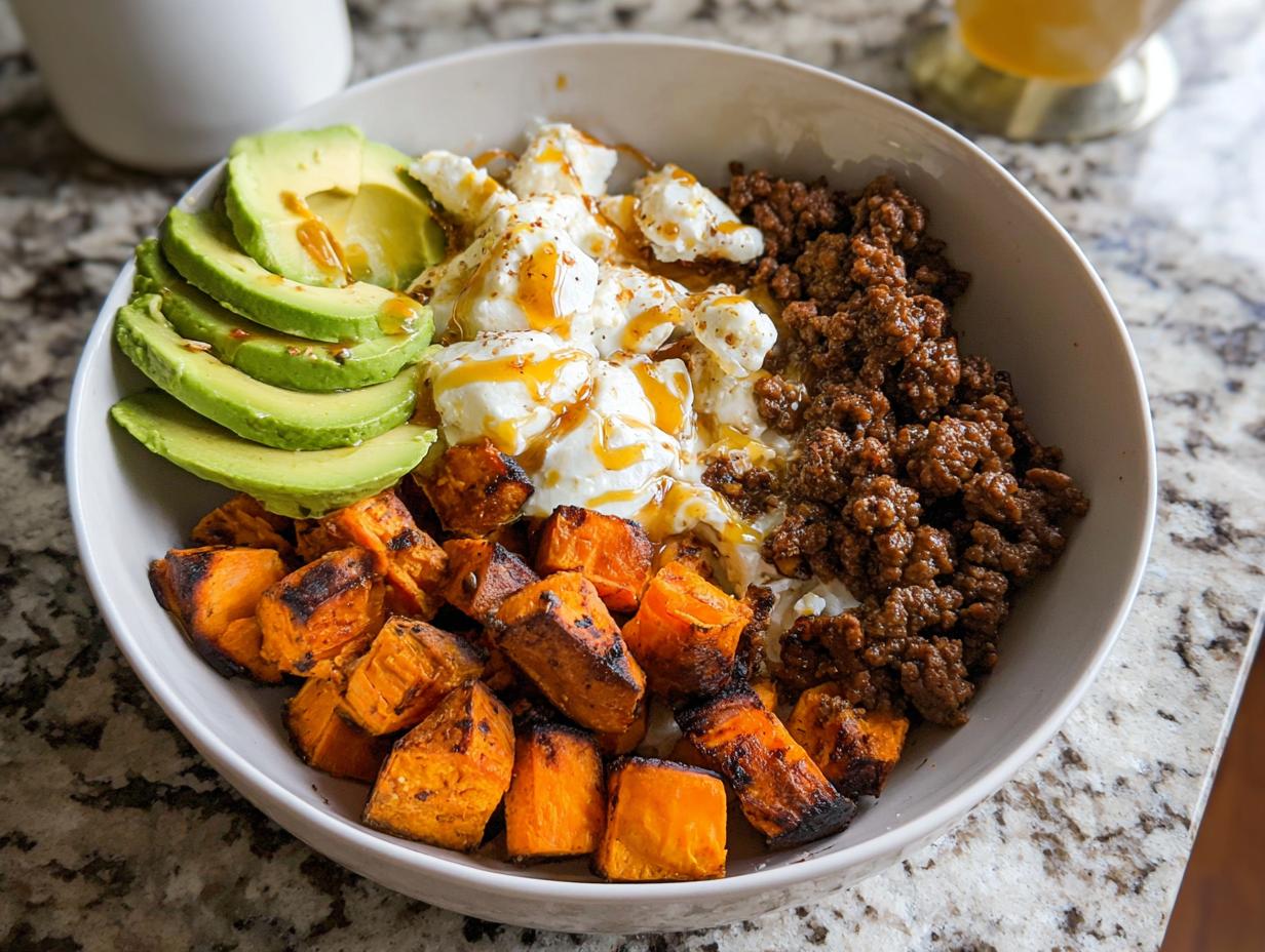 A close-up of a Ground Beef Hot Honey Bowl featuring seasoned ground beef, scrambled eggs drizzled with honey, sliced avocado, and roasted sweet potato cubes.