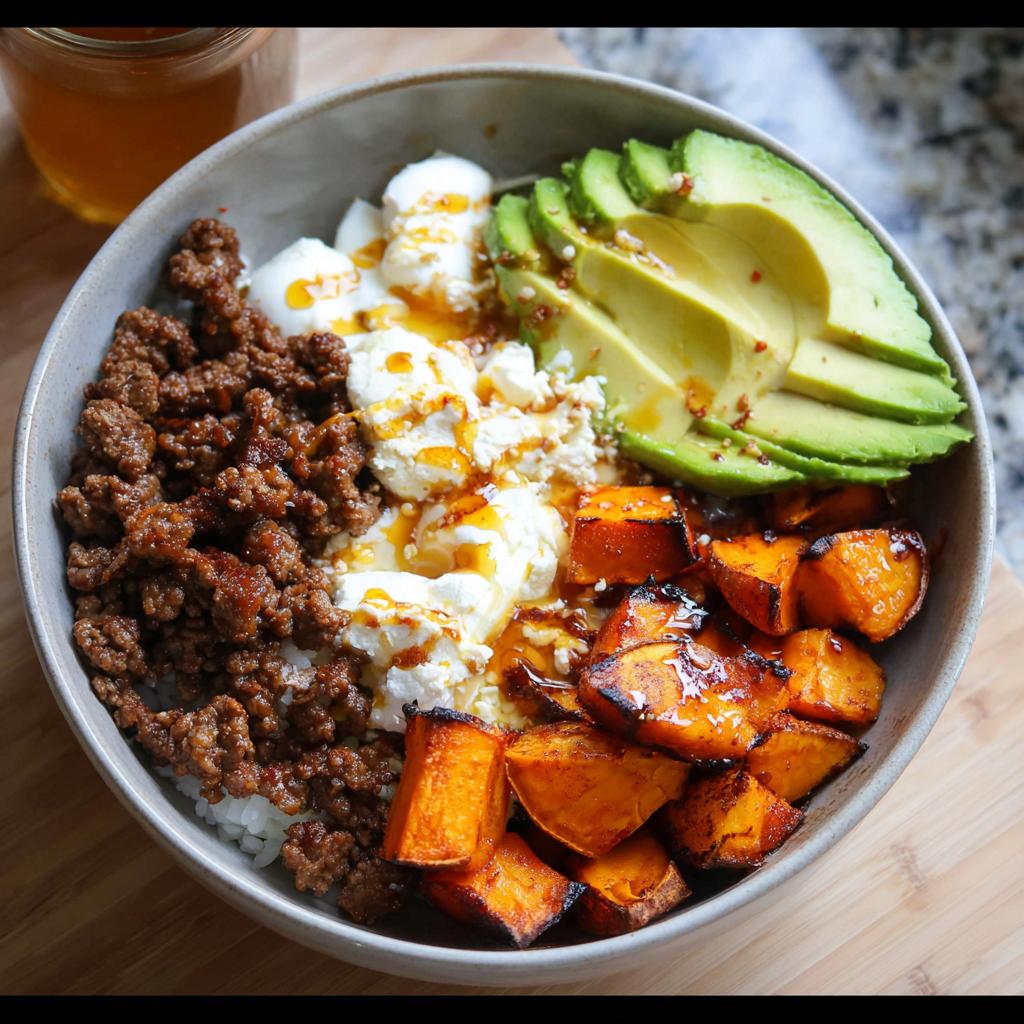 A delicious Ground Beef Hot Honey Bowl with rice, seasoned ground beef, creamy cheese, sliced avocado, and roasted sweet potato.