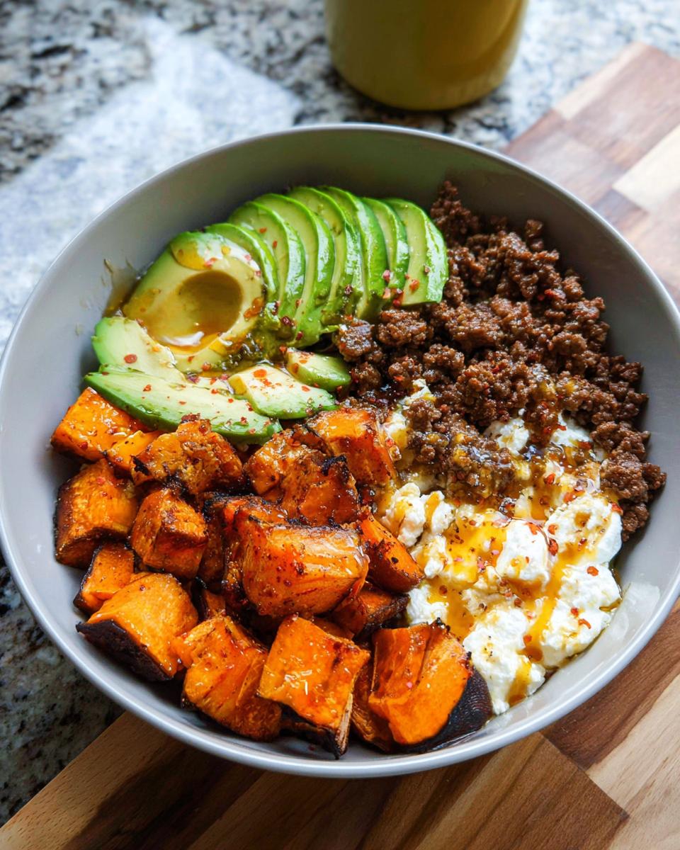 A delicious Ground Beef Hot Honey Bowl featuring seasoned ground beef, roasted sweet potatoes, sliced avocado, and cheese, drizzled with hot honey.