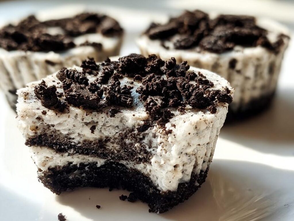 A close-up of a Healthy No-Bake Oreo Cheesecake Bite with a bite taken out, showing layers of creamy filling and crushed Oreo crust.