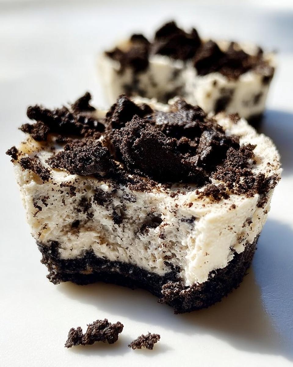 Close-up of a healthy no-bake Oreo cheesecake bite with a bite taken out, showing the creamy filling and Oreo crust.