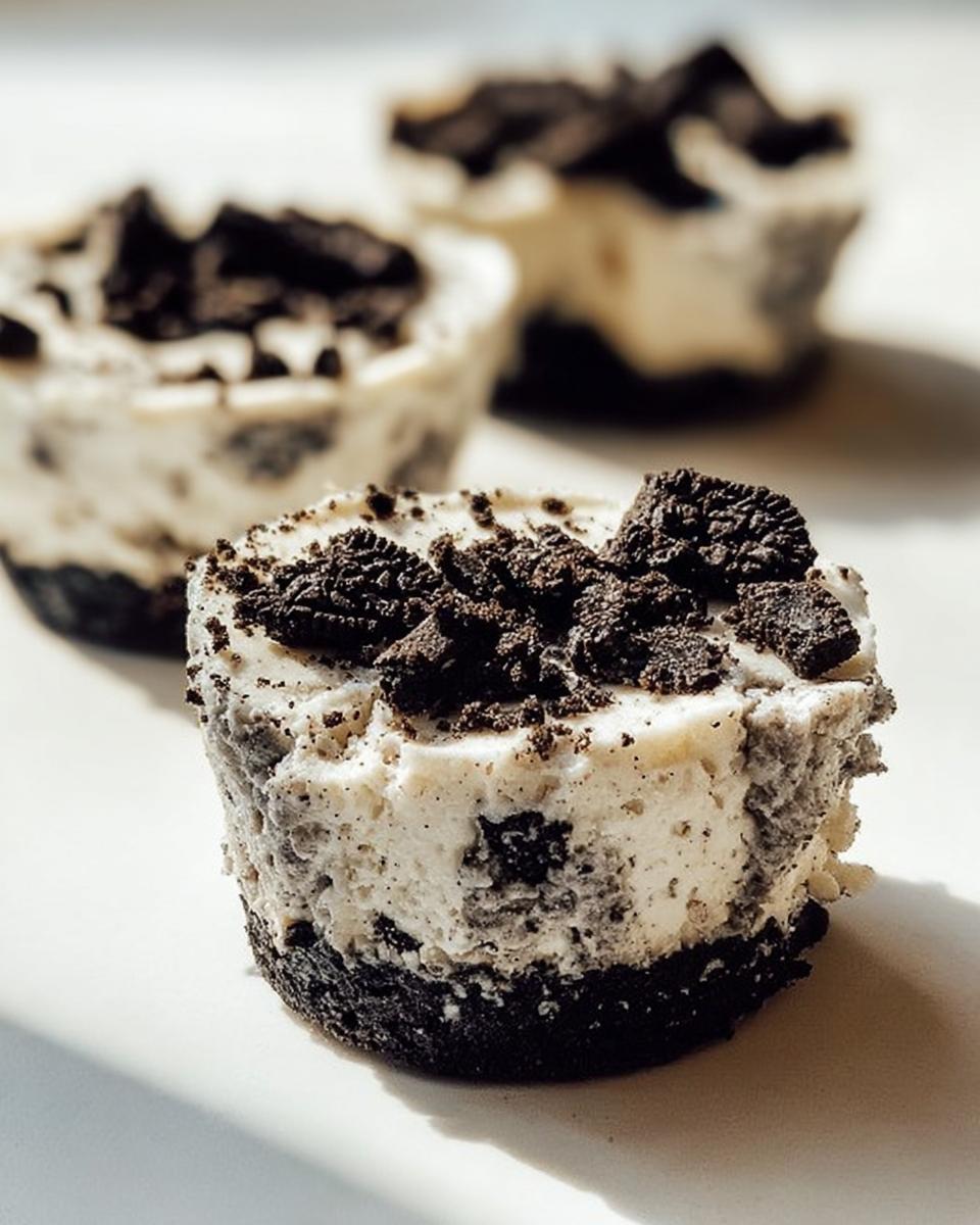 Close-up of a Healthy No-Bake Oreo Cheesecake Bite, showing the creamy filling and crushed Oreo topping.