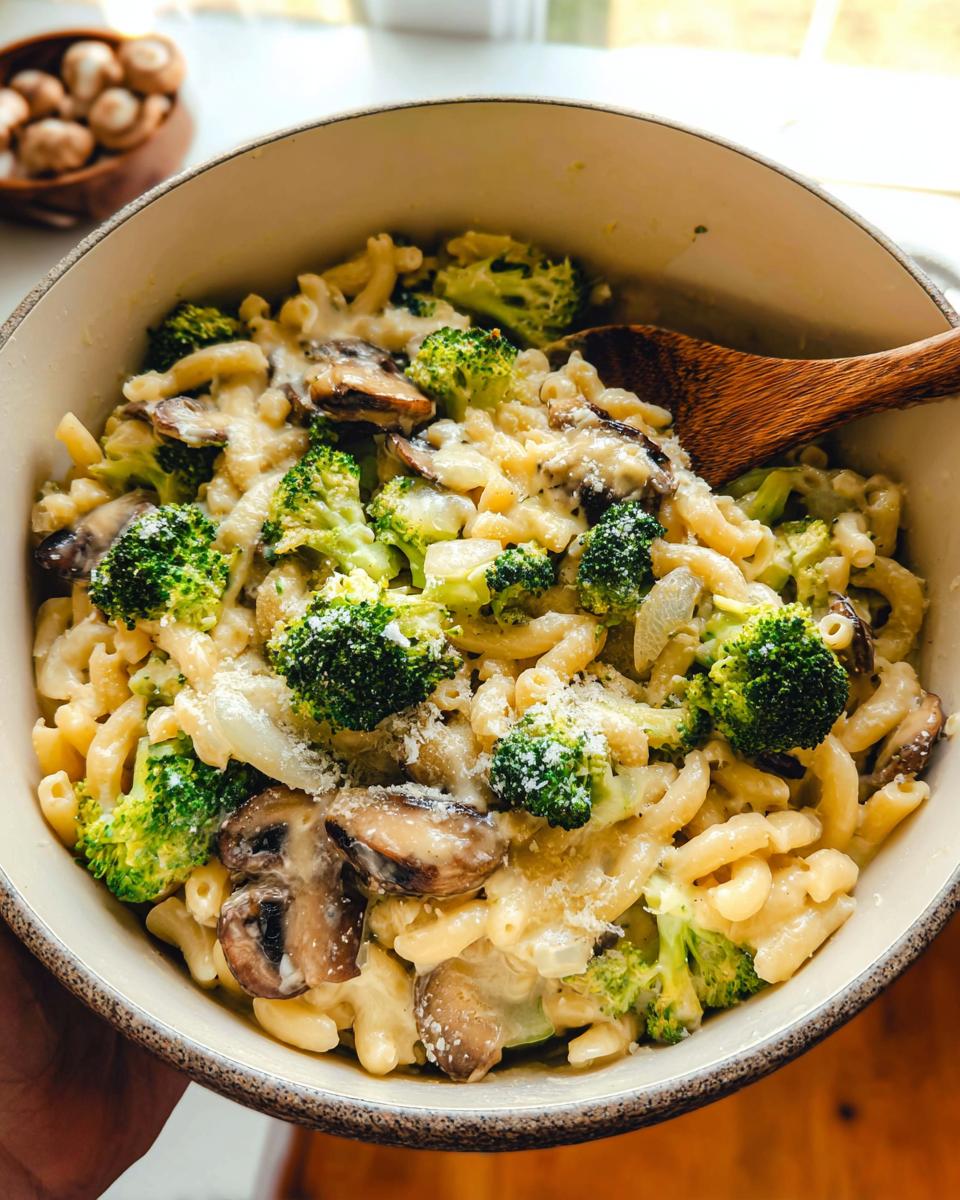 A bowl of Healthy One Pot Broccoli Mac & Cheese with pasta, broccoli florets, and sliced mushrooms.