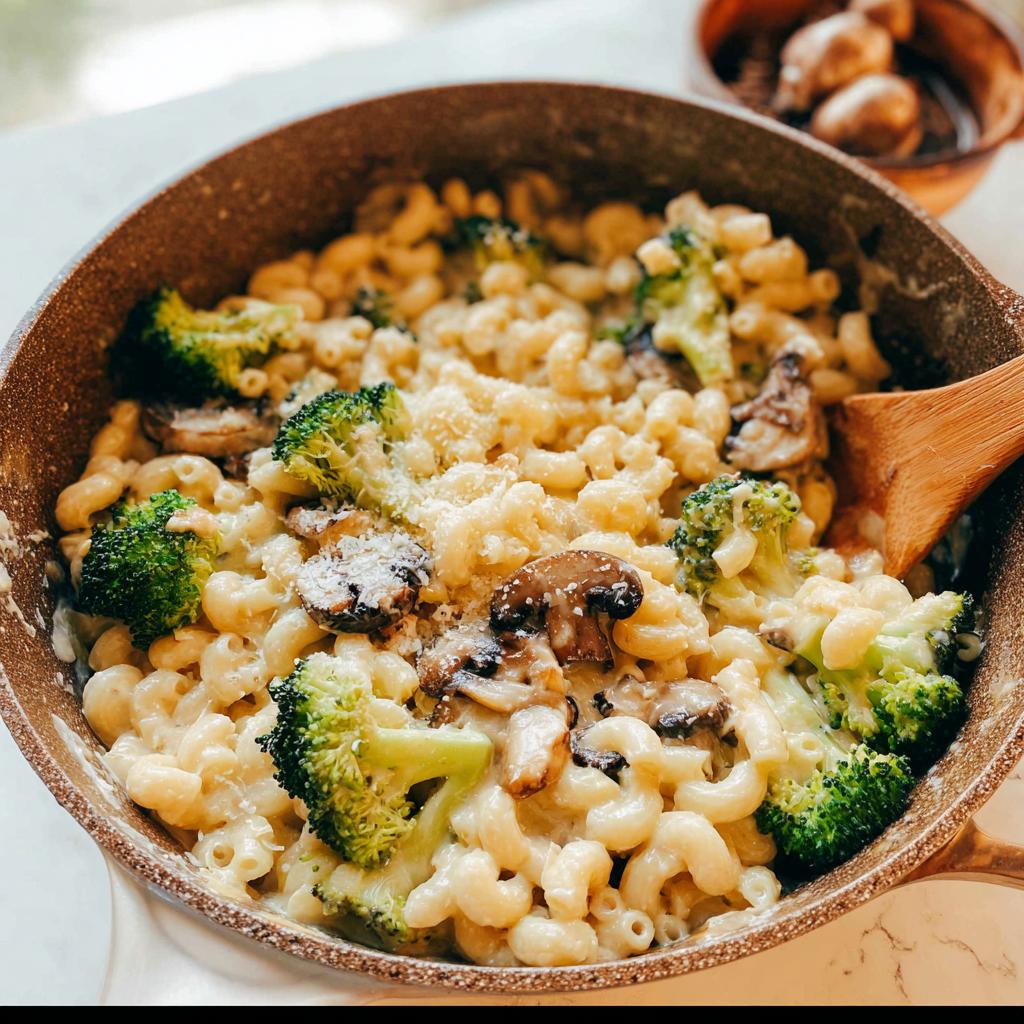 A close-up of Healthy One Pot Broccoli Mac & Cheese in a pan, with broccoli florets and sliced mushrooms.