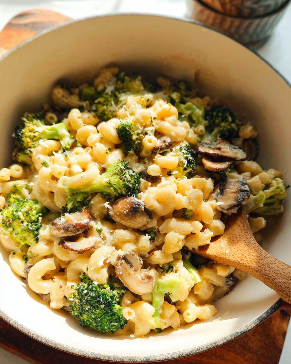 Close-up of Healthy One Pot Broccoli Mac & Cheese in a pot with a wooden spoon.