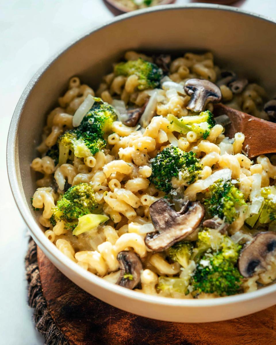 Close-up of Healthy One Pot Broccoli Mac & Cheese with pasta, broccoli florets, and mushrooms.