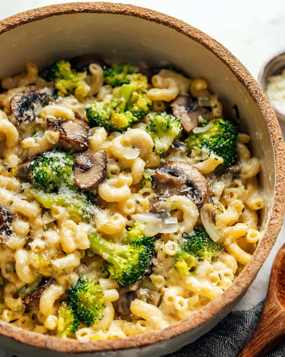 A close-up view of Healthy One Pot Broccoli Mac & Cheese in a rustic bowl, featuring pasta, broccoli florets, and sliced mushrooms.