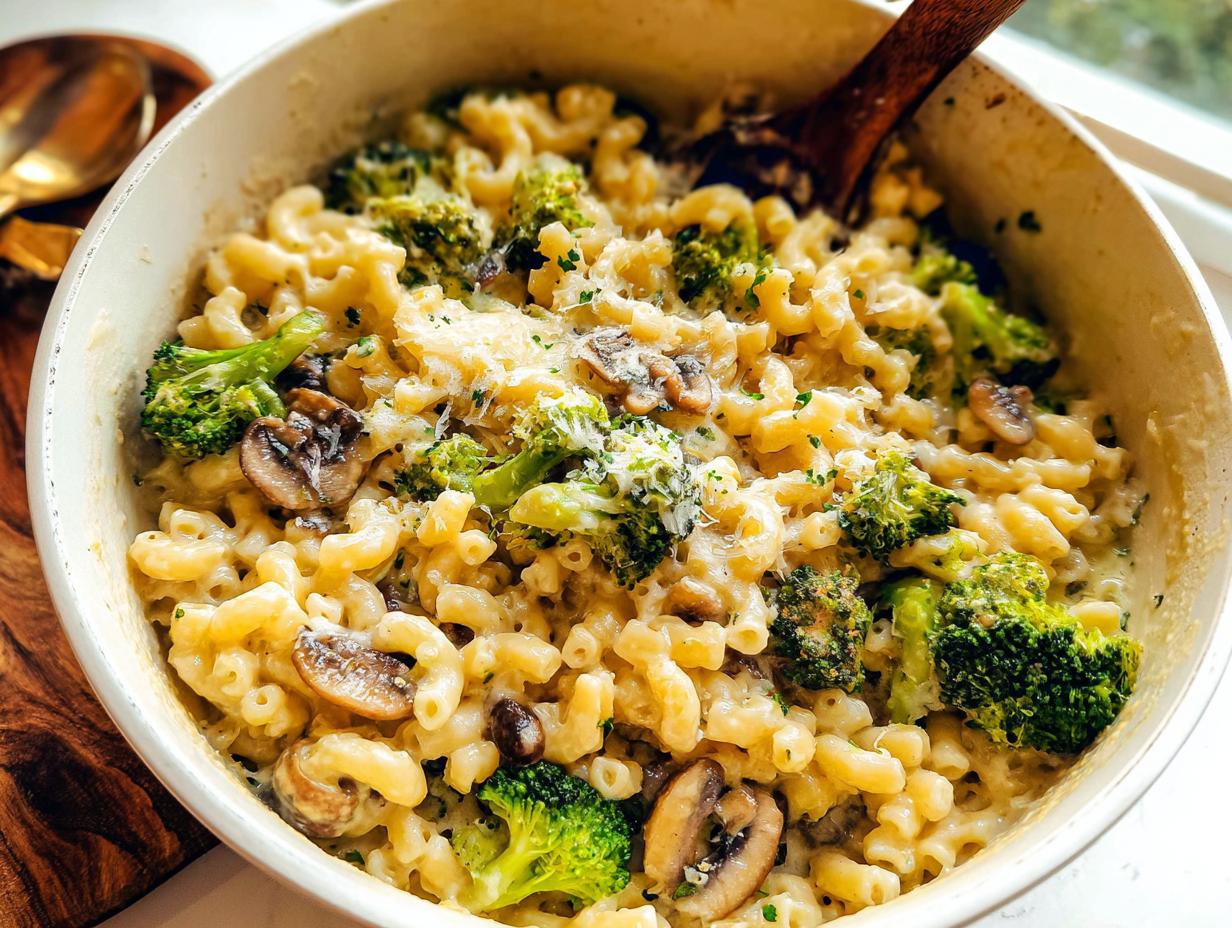 A close-up of Healthy One Pot Broccoli Mac & Cheese in a serving bowl, featuring pasta, broccoli florets, and sliced mushrooms.