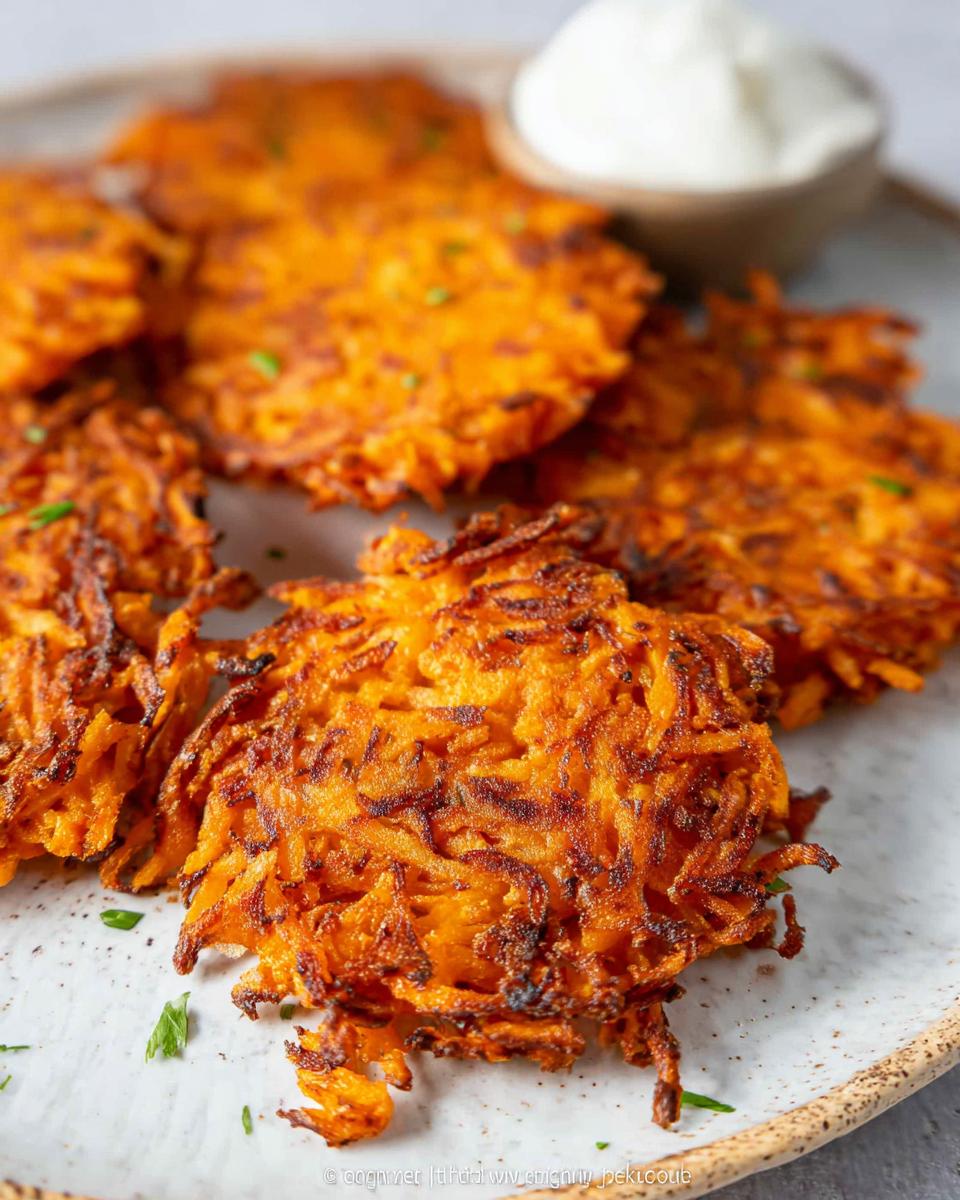 Close-up of golden brown, crispy Healthy Sweet Potato Hash Browns on a plate with a side of sour cream.