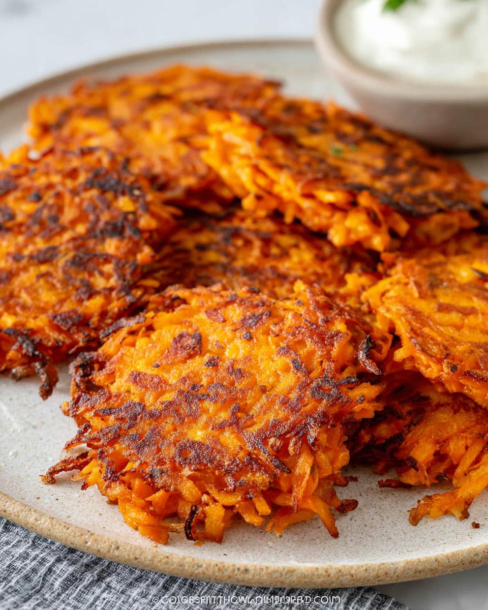 A plate of golden-brown, crispy Healthy Sweet Potato Hash Browns with a side of dipping sauce.