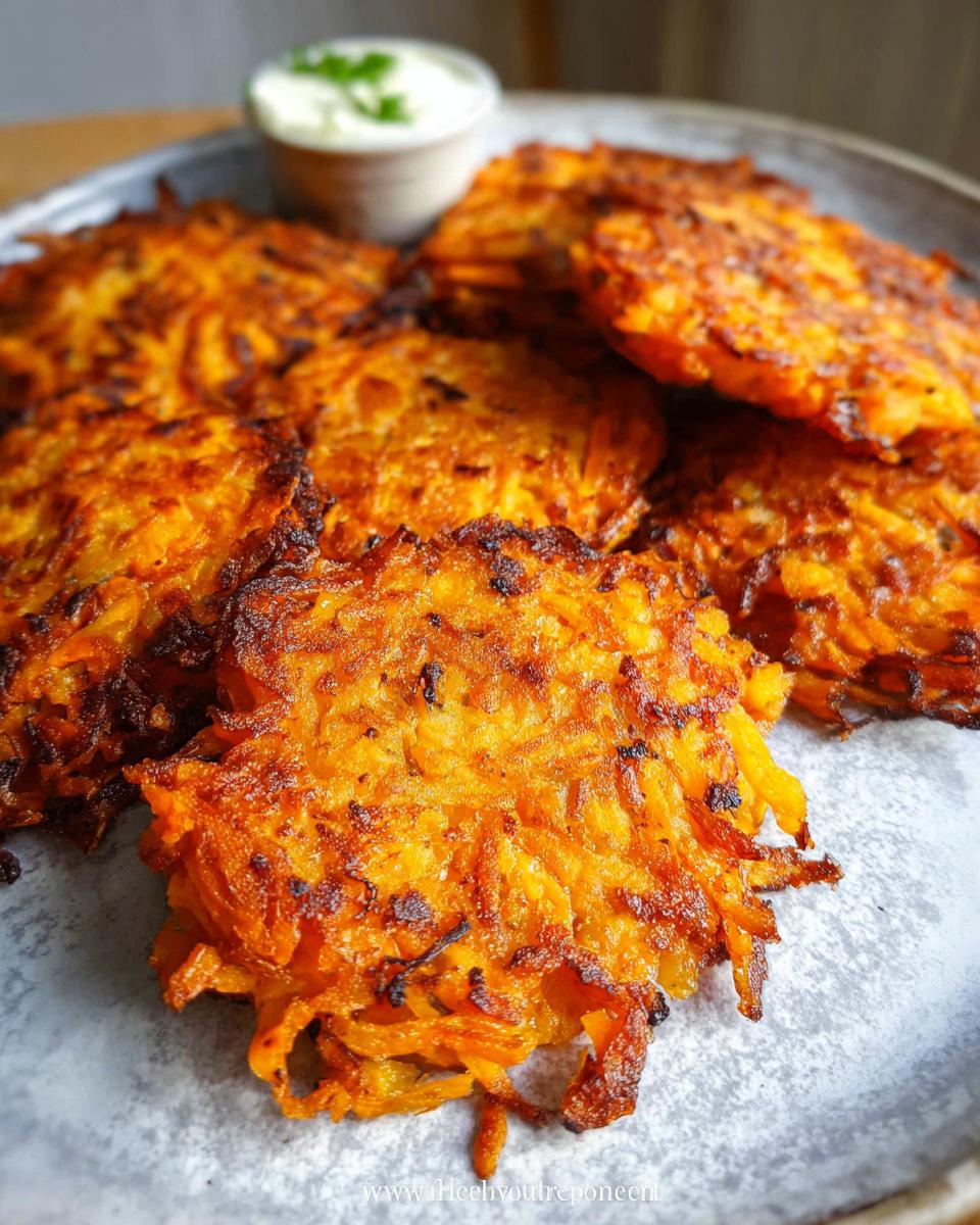 Close-up of crispy, golden Healthy Sweet Potato Hash Browns served on a gray plate with a small dish of dip.