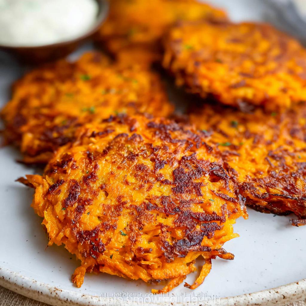 Close-up of golden-brown, crispy Healthy Sweet Potato Hash Browns on a plate with a small bowl of dip.