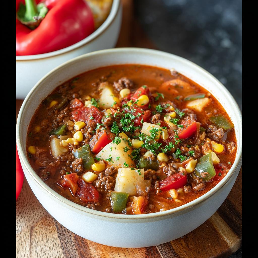 A close-up of a bowl of hearty Cowboy Soup, filled with ground beef, potatoes, corn, tomatoes, and peppers, garnished with parsley.