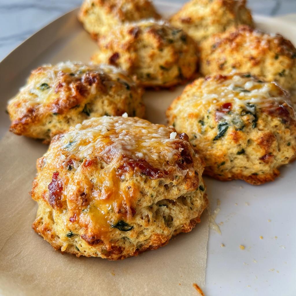 Close-up of golden-brown High Protein Breakfast Biscuits topped with melted cheese and visible herbs.