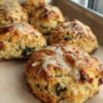A close-up of several golden-brown High Protein Breakfast Biscuits topped with melted cheese.