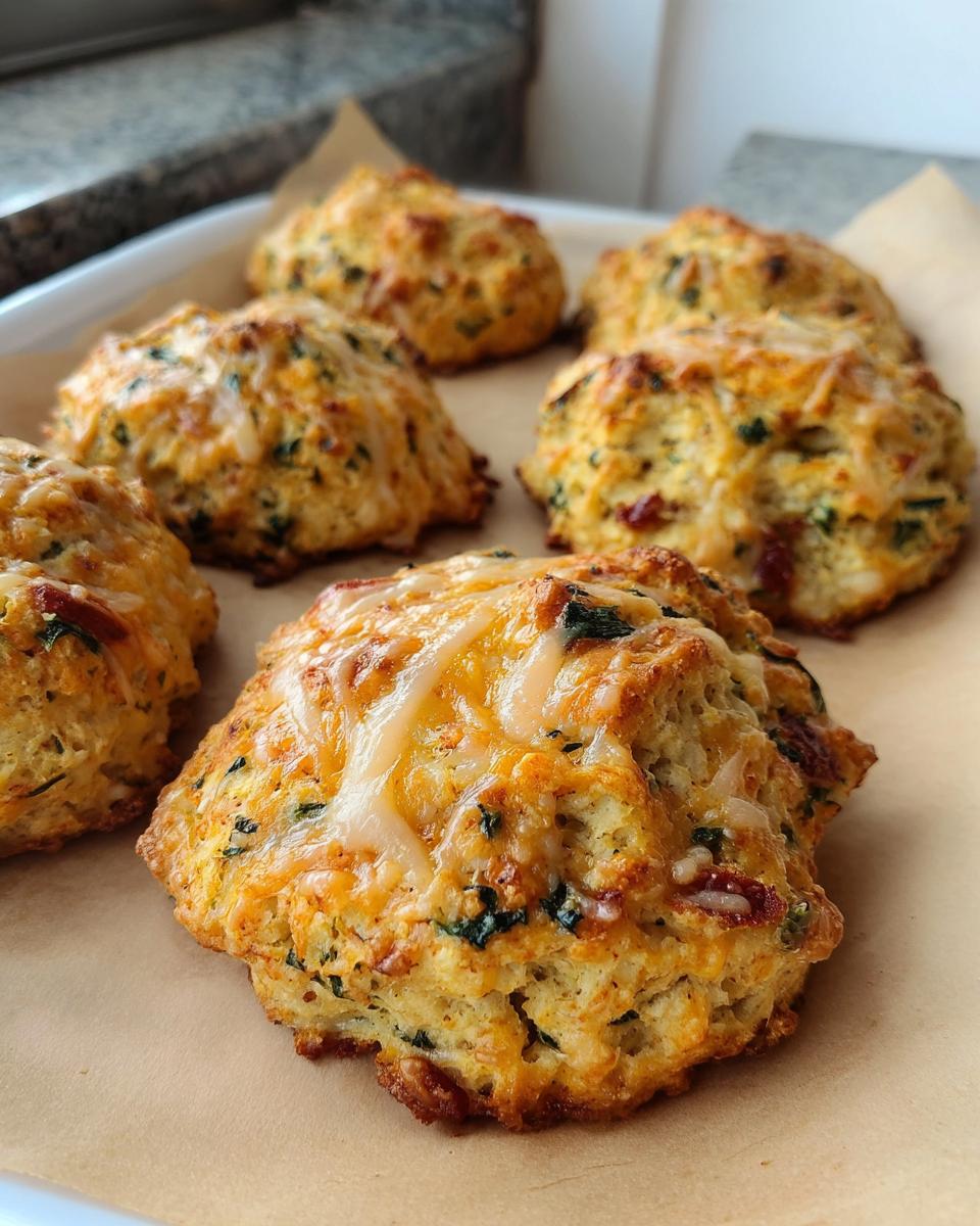 Close-up of golden-brown High Protein Breakfast Biscuits topped with melted cheese and visible herbs.