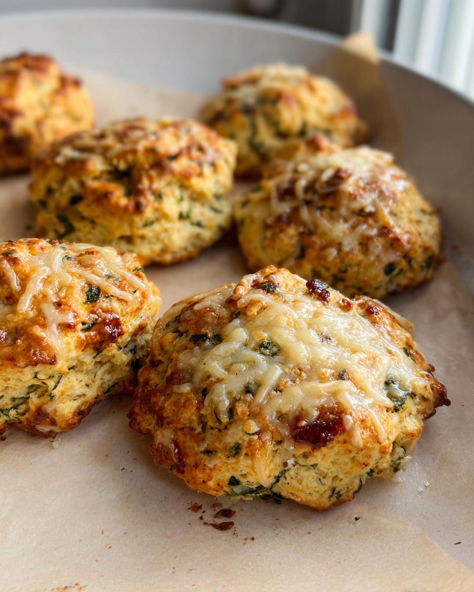 Close-up of golden-brown High Protein Breakfast Biscuits topped with melted cheese and herbs.