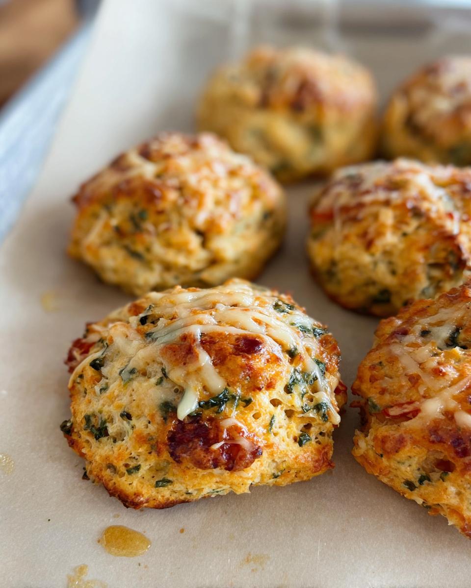 Close-up of golden-brown High Protein Breakfast Biscuits topped with melted cheese and herbs.