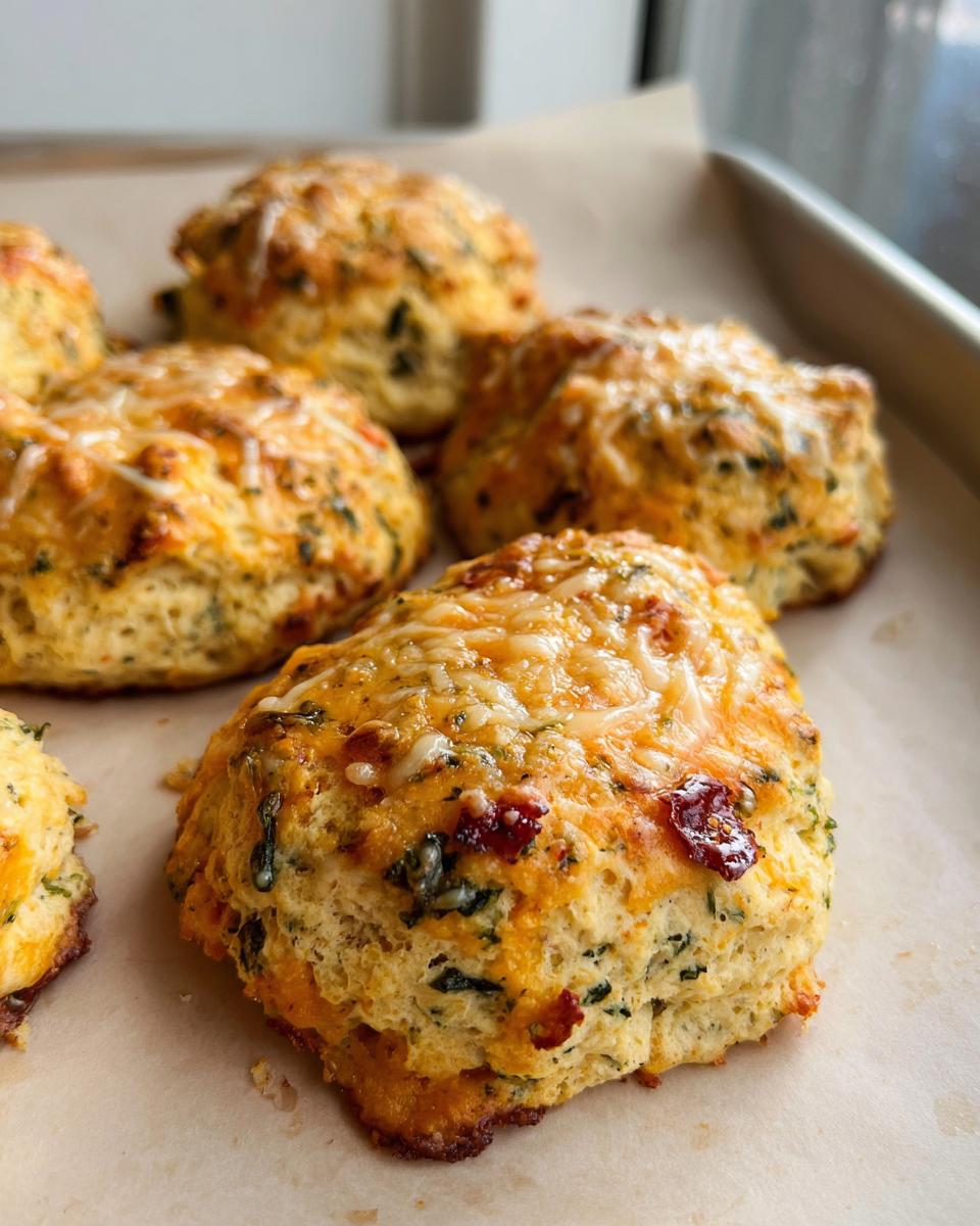 Close-up of golden-brown High Protein Breakfast Biscuits topped with melted cheese and herbs.