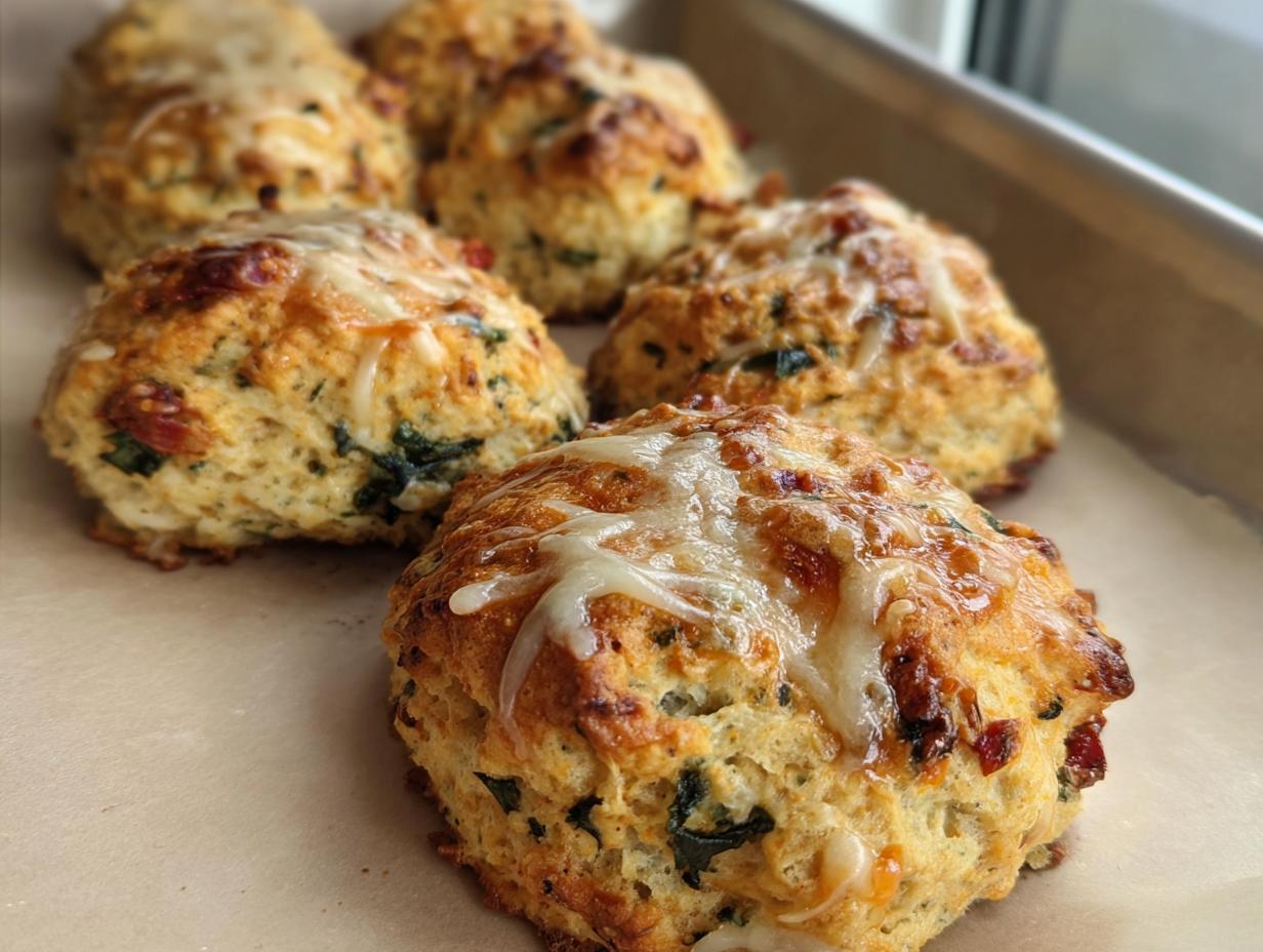 A close-up of several golden-brown High Protein Breakfast Biscuits topped with melted cheese.